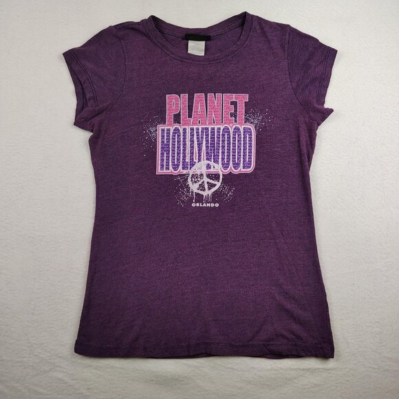 planet hollywood Tops - Planet Hollywood Orlando T Shirt Womens sz Large Purple Peace Love Graphic